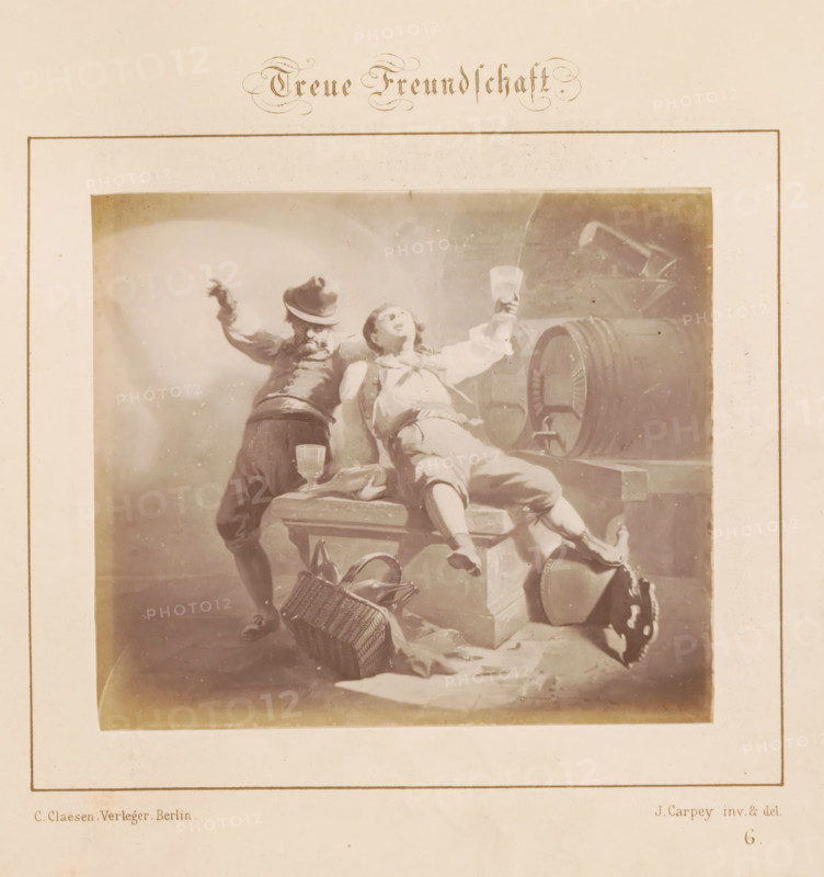 True Friendship, Photographic reproduction of a design of two drunken men in a wine cellar by J. Carpey, photograph, reproduction, page, number: '6.', after design by J. Carpey, publisher: Ch. Claesen Éditeur, Berlin, c. 1853 - in or before c. 1858, photographer, paper, albumen print, height 109 mm x width 125 mm, adult man, drunkenness, wine, alcoholic drinks, A framed sepia-toned illustration showing two men seated on a wooden platform beside a large barrel, one man leaning back with a raised drinking vessel and an open-mouthed expression, the other leaning toward him with an outstretched arm and a hat on his head; a glass sits on the platform near them, a woven basket and draped cloth lie on the floor, and a round hat rests nearby.