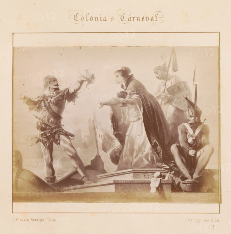 Colonia's Carnival, Photographic reproduction of a design of costumed revelers by J. Carpey, photograph, reproduction, page, number: '12.', after design by J. Carpey, publisher: Ch. Claesen Éditeur, Berlin, c. 1853 - in or before c. 1858, J. Carpey, Ch. Claesen Éditeur, photographer, after design by, publisher, paper, albumen print, height 114 mm x width 152 mm, Carnival, Shrovetide (non-liturgical celebration), dress-up party, A sepia-toned illustration shows four costumed figures on a platform or boat edge framed by a rectangular border, with a decorative script title above and a blank margin below. On the left a jester-like figure with a pointed hat and curled mustache stands in an animated pose extending one arm and holding a hat outward, wearing a ruffled collar and layered, patterned garments with a sash at the waist. In the center a robed woman leans forward holding a goblet and extending a hand, her cloak draping to the ground and layered skirt visible beneath. To her right a h...