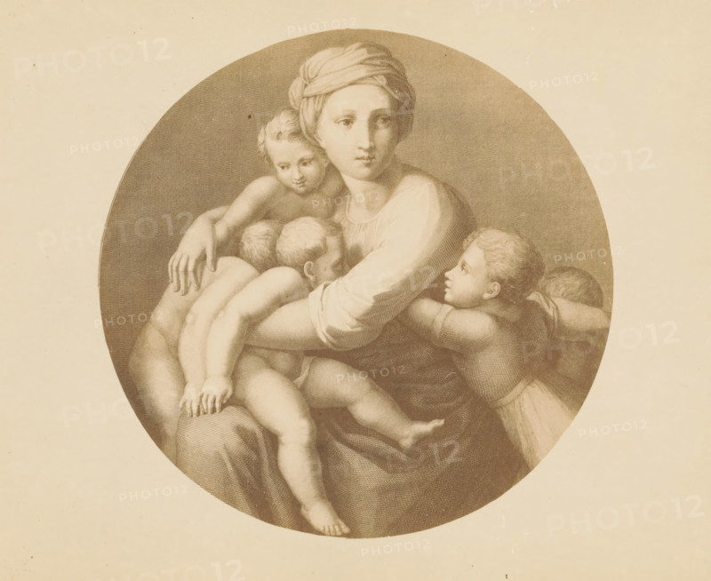Photo reproduction of an engraving after Charity by Raphael in the Vatican, photograph, reproduction, page, after print by anonymous, after painting by Raphael, c. 1863 - in or before c. 1868, photographer, after print by, paper, albumen print, height 165 mm x width 202 mm, Charity, 'Caritas', 'Carità' (Ripa), one of the Three Theological Virtues, Vatican City, Vatican Museums, A sepia-toned circular illustration shows a seated woman wearing a headscarf and a loose garment holding three young children closely while a fourth child reaches toward her, the figures rendered with soft shading and fine line texture against a plain background.