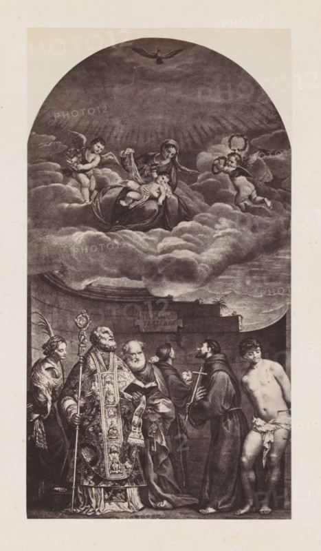 Photo reproduction of an engraving after Collected Works by Titian in the Vatican, photograph, reproduction, page, after print by anonymous, after painting by Titian, c. 1863 - in or before c. 1868, photographer, after print by, paper, albumen print, albumendruk, height 212 mm x width 115 mm, the virgin martyr Catherine of Alexandria, possible attributes: book, crown, emperor Maxentius, palm-branch, ring, sword, wheel, Mary sitting or enthroned, the Christ-child in front of her, lying in her lap (or in front of her bosom), sometimes in Pietà-posture, founder of the Order of Friars Minor (Franciscans), Francis(cus) of Assisi, crucifix, lily, skull, stigmata, the apostle Peter, first bishop of Rome, cock, (upturned) cross, (triple) crozier, fish, key, scroll, ship, tiara, the martyr Sebastian, possible attributes: arrow(s), bow, tree-trunk, the Franciscan monk Antony of Padua, possible attributes: ass, flowered cross, flaming heart, infant Christ (on book), Vatican City, Vatican Museums,...