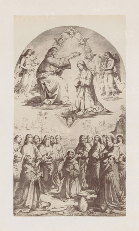 Photo reproduction of an engraving after The Coronation of Mary by Pinturicchio in the Vatican, photograph, reproduction, page, after print by anonymous, after painting by Bernardino Pinturicchio, c. 1863 - in or before c. 1868, photographer, after print by, paper, albumen print, albumendruk, height 201 mm x width 113 mm, coronation of Mary by Christ, Vatican City, Vatican Museums, A vertically oriented grayscale illustration shows a semicircular upper scene and a crowded lower scene. In the upper portion a seated bearded man wearing flowing robes extends a crown toward a kneeling woman with a head covering and clasped hands, both resting on a cloudlike surface; cherub faces form an arch above them and two winged figures flank them playing stringed instruments. The lower portion depicts a group of robed figures standing and kneeling, many with halos and varied facial hair and expressions, gathered closely together on a ground with scattered garments and a pointed hat in the foreground,...