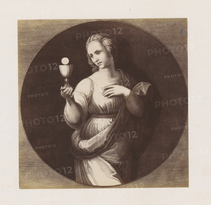 Photo reproduction of an engraving after Faith by Raphael in the Vatican, photograph, reproduction, page, after print by anonymous, after painting by Raphael, c. 1863 - in or before c. 1868, photographer, after print by, paper, albumen print, height 135 mm x width 136 mm, Faith, 'Fides', 'Fede', 'Fede catholica', 'Fede christiana', 'Fede christiana catholica' (Ripa), one of the Three Theological Virtues, Vatican City, Vatican Museums, A monochrome engraved image of a woman shown from the waist up inside a dark circular field within a lighter rectangular border, wearing draped clothing with flowing folds and a sash at the waist, her hair styled and parted with soft waves, one hand raised to her chest and the other extended holding a cup with a round object resting above it, her head tilted and eyes turned toward the cup, the engraving showing fine line shading and crosshatching throughout the figure and background.