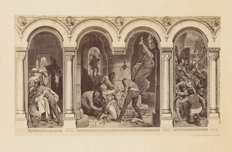 Photo reproduction of a scene from the fairy tale Die Sieben Raben by the Brothers Grimm by Moritz von Schwind, photograph, reproduction, This photo is part of a cover with six photos and a text sheet., number: '5', photographer: Joseph Albert, after print by Moritz von Schwind, c. 1863 - in or before c. 1868, Moritz von Schwind, after print by, paper, albumen print, height 108 mm x width 183 mm, tales and fairy tales, abducting, A wide sepia-toned print shows three tall, arched panels set within a decorated architectural frame with columns and circular portrait medallions above each arch. In the left panel a robed figure wearing a crown or headpiece leans over another figure who is bent forward and supported, while a hooded, dark-cloaked figure stands behind them extending an arm toward the doorway beyond. The central panel depicts a kneeling woman with long hair and draped clothing raised arms and a distressed expression as two hooded men bind her hands with rope and chain near a sto...