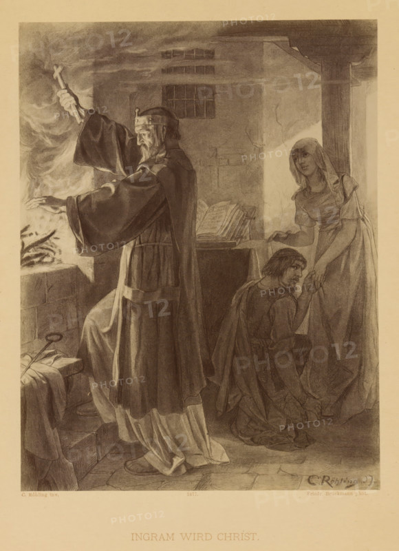 Reproduction of a drawing of a scene with Ingram and Winfried from Die Ahnen by Gustav Freitag, by Carl Röhling, Ingram wird Christ, reproduction, page, photomechanical print, inscription: 'VERVIELFÄLTIGUNG VORBEHALTEN.', photographer: Friedrich Bruckmann, cliché maker: anonymous, after drawing by Carl Röhling, publisher: Paul Bette, Berlin, 1877, clichémaker, paper, Woodburytype, height 214 mm x width 164 mm, specific works of literature, cross as symbol of Christ, adult man (two persons), A monochrome drawing shows an interior scene with a robed man standing by an open hearth, holding a cross aloft with one hand and extending his other hand toward the flames, wearing a long flowing robe and a crown-like headpiece; nearby a woman in a long dress and head covering stands by a table with an open book and reaches down toward a kneeling man who looks up while holding her hand, stone walls and a barred window are visible in the background and household objects and drapery lie around the fl...