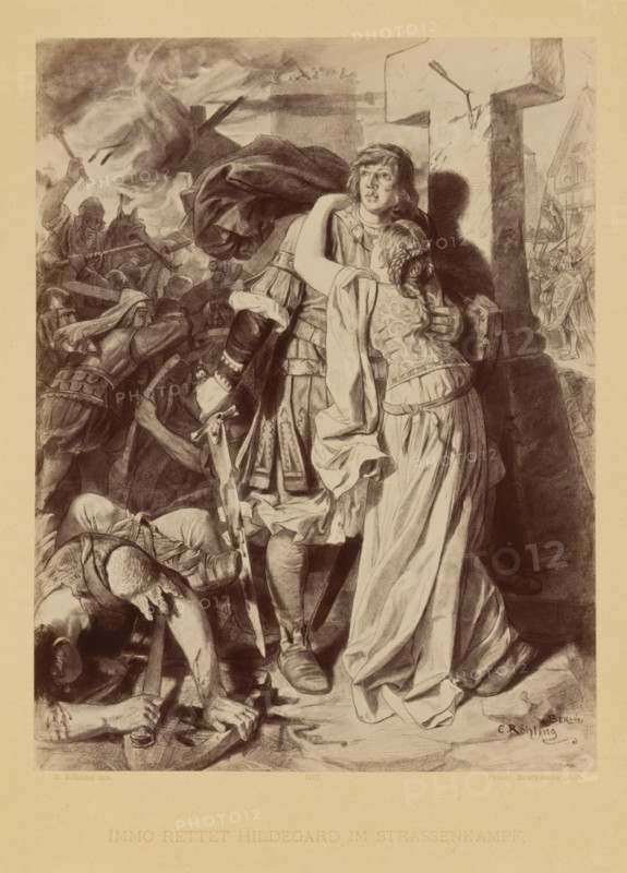 Reproduction of a drawing of a scene from Die Ahnen by Gustav Freitag in which Immo saves Hildegard from a fight in the street, by Carl Röhling, Immo rettet Hildegard im Strassenkampf, reproduction, page, photomechanical print, inscription: 'VERVIELFÄLTIGUNG VORBEHALTEN.', photographer: Friedrich Bruckmann, clichémaker: anonymous, after drawing by Carl Röhling, publisher: Paul Bette, Berlin, 1877, paper, Woodburytype, Woodburytypie, height 215 mm x width 164 mm, street-fights, riots, specific works of literature, A monochrome illustration shows a central young man in armor and a cloak standing beside a stone cross while holding a young woman who clings to him with her face turned against his chest; the man's expression is directed upward and his cloak billows behind him. Around them are figures in helmets and armor engaged in a chaotic street conflict, some with raised weapons and shields, and a figure on horseback in the background. In the lower foreground fallen combatants lie on the...