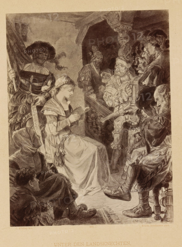 Unter den Landsknechten, Reproduction of a drawing of a scene from Die Ahnen by Gustav Freitag in which Anna reads to a group of men, by Carl Röhling, reproduction, page, photomechanical print, inscription: 'VERVIELFÄLTIGUNG VORBEHALTEN.', photographer: Friedrich Bruckmann, cliché maker: anonymous, after drawing by Carl Röhling, publisher: Paul Bette, Berlin, 1877, paper, Woodburytype, height 216 mm x width 165 mm, reading to somebody, specific works of literature, A detailed monochrome illustration shows a seated young woman in a long dress reading a small book, her hair braided and a shawl over her shoulders. She is surrounded by a group of men in historical clothing, including wide-brimmed hats, feathered caps, puffed sleeves, and boots, some standing and some seated, all facing toward her. One man near the left holds a large flag or banner, another to the right holds a sword with an ornate hilt, and a bearded man nearer the center wears layered garments and appears to occupy a cent...