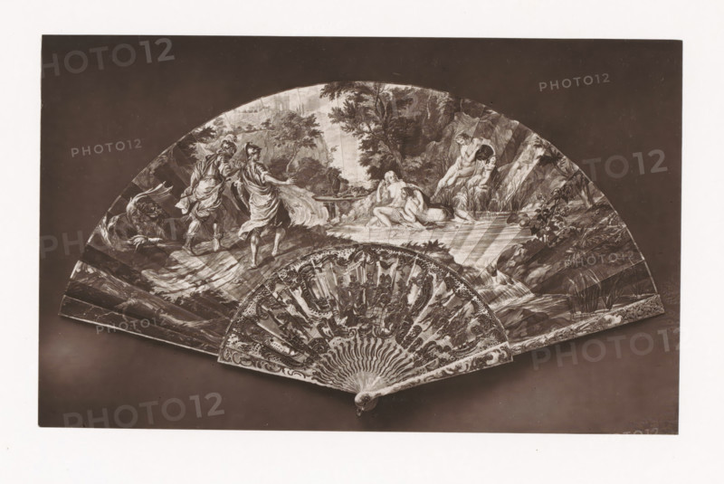 Fan with representations from the poem La Gerusalemme Liberata by Torquato Tasso, installed during the Exposition Rétrospective of 1873 in Tours, France, page, photomechanical print, maker: Gabriel Blaise, Tours, 1873, paper, Woodburytype, height 124 mm x width 203 mm, temporary exhibition, 'Salon', fan, militant proselytizing: religious war, crusade, Period, 1873-05-03 - 1873-05-25, A decorative folding fan is shown fully opened against a dark background, with an ornate carved handle and elaborately patterned guards and sticks forming a semicircular base; the leaf features a detailed classical scene rendered in monochrome tones, including draped figures in flowing garments, reclining nude figures near water, rocky and wooded landscape elements, trees and foliage, and architectural ruins faintly visible in the distance, with intricate shading and fine line work throughout.