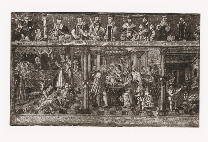 Tapestry depicting the reign of Henry II of France, exhibited during the Exposition Rétrospective of 1873 in Tours, France, page, photomechanical print, maker: Gabriel Blaise, Tours, 1873, paper, Woodburytype, Woodburytypie, height 118 mm x width 197 mm, Person, Henry II (King of France), temporary exhibition, 'Salon', tapestry, Period, 1873-05-03 - 1873-05-25, A wide rectangular engraving depicting an interior scene with a tiled floor and ornate columns supporting an elaborately decorated ceiling, populated by many figures in period clothing engaged in various activities; at the upper border a row of seated men in robes and crowns hold staffs and swords, each framed by decorative panels; below, on the left, a canopy bed with a reclining figure and attendants is visible, while nearby seated women hold infants and domestic objects; central figures include a kneeling child presented at a basin on a table surrounded by standing men and a cleric wearing liturgical vestments; other figures ...