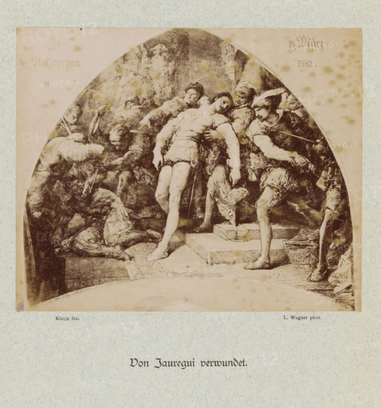 Wounded by Jauregui, Photographic reproduction of Wounded by Jauregui by Laurens Lodewijk Kleijn, photograph, reproduction, This photo is part of a cover with eight photos on eight sheets and two text sheets., photographer: L. Wagner, after painting by Laurens Lodewijk Kleijn, c. 1879 - in or before c. 1884, paper, albumen print, height 137 mm x width 167 mm, Person, William I (Prince of Orange), putting out of action by wounding, Antwerp, Period, 1582-03-18, A sepia-toned oval illustration shows a group of figures clustered on and around a set of steps, with a central figure standing upright and leaning slightly backward, supported by another person behind them; several other figures surround them in varied poses, some bending, some reclining, and some standing with arms extended or resting on weapons; the clothing appears historical with tunics, boots, and headgear including a feathered cap on one figure; the scene is framed by a pale background with scattered spots and a textured bo...