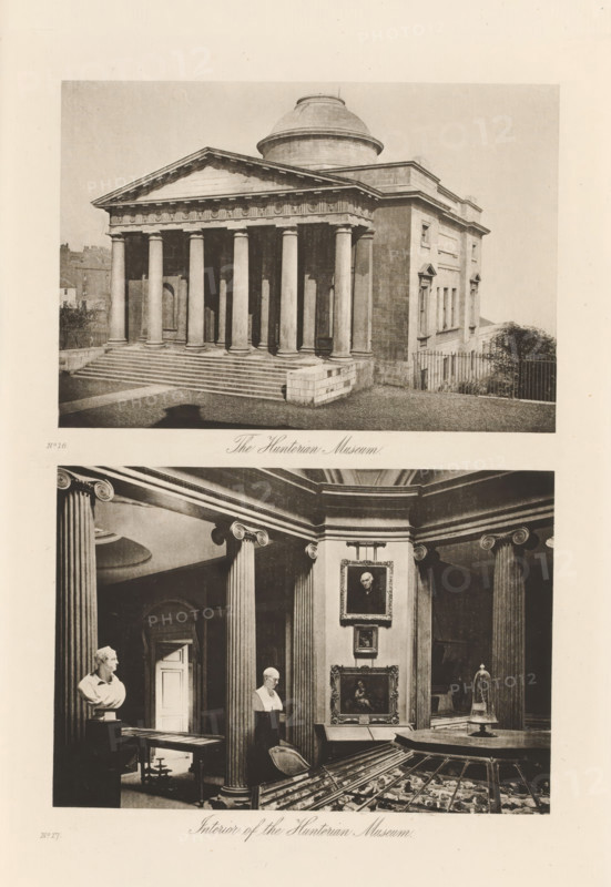 Interior of the Hunterian Museum, Exterior and interior of the former Hunterian Museum, The Hunterian Museum, page, photomechanical print, inscription: 'No.16, No.17', cliché maker: T. & R. Annan & Sons, Glasgow, c. 1886 - in or before 1891, photographer, paper, photoaquatint, height 392 mm x width 295 mm, Print on seventeenth unnumbered page after page iv., permanent exhibition, museum, facade (of house or building), A sepia-toned image shows two scenes arranged vertically on a single sheet; the upper scene depicts a classical stone building with a domed roof and a triangular pediment supported by a row of tall columns, a broad flight of steps leading to the entrance, and a low stone balustrade at the side with a metal fence and some foliage visible beyond; the lower scene shows an interior space with large fluted columns supporting a coffered ceiling, framed paintings on the walls, sculpted busts displayed on pedestals, glass display cases with objects inside, a table and chairs, and...