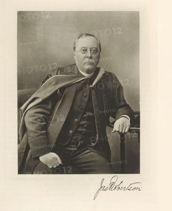 Jacket. Robertson, Portrait of James Robertson, page, photomechanical print, cliché maker: T. & R. Annan & Sons, Glasgow, c. 1886 - in or before 1891, photographer, paper, photoaquatint, height 194 mm x width 145 mm, Print on second unnumbered page after page 87., Person, James Robertson, historical persons, aspects of science in general (portrait of scholar, scientist), A sepia-toned portrait of an older man seated, wearing round spectacles and a mustache, dressed in a dark three-piece suit with a buttoned vest and a draped academic-style robe over his shoulders, one hand resting on his thigh and the other on the arm of a wooden chair, set against a plain backdrop with a wide margin around the image.