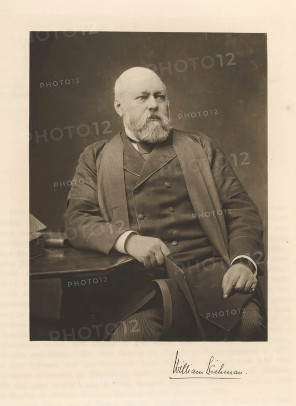 William Leishman, Portrait of William Leishman, page, photomechanical print, cliché maker: T. & R. Annan & Sons, Glasgow, c. 1886 - in or before 1891, photographer, paper, photoaquatint, height 189 mm x width 146 mm, Print on fifth unnumbered page after page 116., Person, historical persons, professor, midwife, 'accoucheuse', A sepia-toned portrait of a seated older man with a full beard and balding head wearing a dark three-piece suit and an overcoat, his left arm resting on a table beside a stack of books and his right hand holding the arm of the chair, the background a dark plain rectangle set against a lighter border.