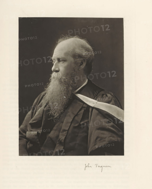 John Ferguson, Portrait of John Ferguson, page, photomechanical print, cliché maker: T. & R. Annan & Sons, Glasgow, c. 1886 - in or before 1891, photographer, paper, photoaquatint, height 195 mm x width 149 mm, Print on second unnumbered page after page 121., Person, historical persons, professor, A sepia-toned portrait of an older man shown in profile facing left, with a high forehead, receding hairline, and a long full beard extending down over his chest; he wears a dark academic robe with a light sash draped over one shoulder, and the background behind him is a dark, plain backdrop within a lighter paper border.