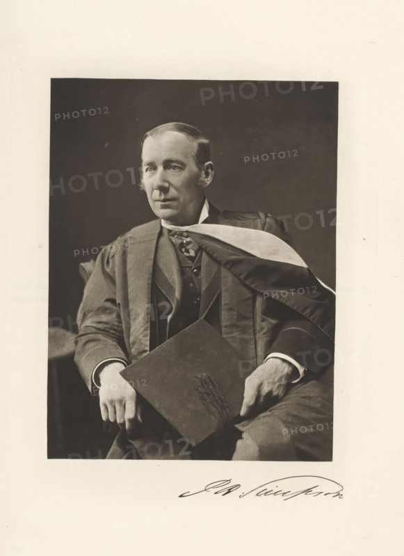 Portrait of Pierce Adolphus Simpson, PA Simpson, page, photomechanical print, cliché maker: T. & R. Annan & Sons, Glasgow, c. 1886 - in or before 1891, photographer, paper, photoaquatint, height 192 mm x width 143 mm, Print on ninth unnumbered page after page 128., Person, Pierce Adolphus Simpson, historical persons, physician, doctor, professor, A sepia-toned portrait of a seated man wearing a dark academic gown and a light-colored hood draped over one shoulder, his hair short and neatly combed with sideburns, looking slightly to his left with a calm expression, holding a flat square cap with a tassel in his lap with both hands, the background dark and plain, framed by a wide lighter border.
