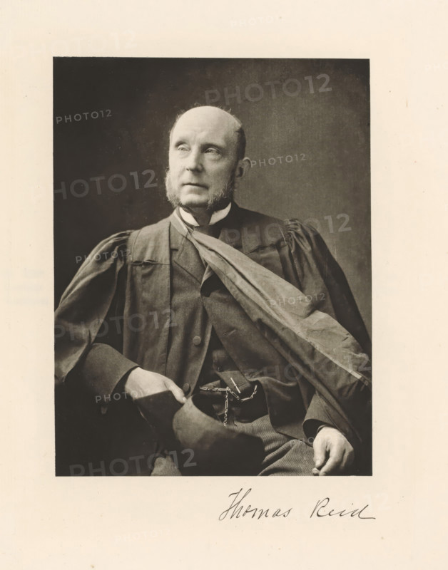 Portrait of Thomas Reid, Thomas Reid, page, photomechanical print, cliché maker: T. & R. Annan & Sons, Glasgow, c. 1886 - in or before 1891, photographer, paper, photoaquatint, height 191 mm x width 146 mm, Print on twenty-first unnumbered page after page 128., Person, historical persons, physician, doctor, professor, A sepia-toned portrait of a seated man wearing a dark academic gown with a draped sash, a high-collared shirt, and a vest beneath the gown; he has a bald head with sideburns, a contemplative upward gaze, and his hands rest in his lap holding a hat and a pair of eyeglasses on a chain, with a plain dark background framed by a light border.