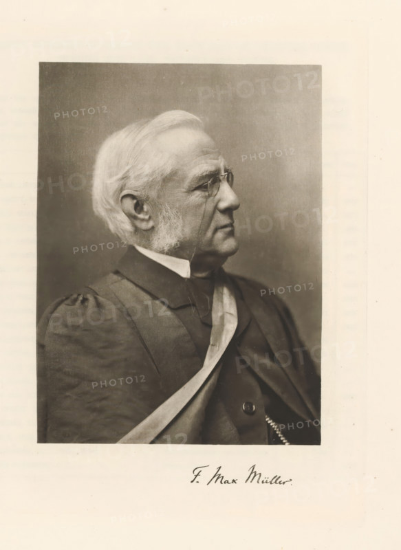 F. Max Müller, Portrait of Max Müller, page, photomechanical print, cliché maker: T. & R. Annan & Sons, Glasgow, c. 1886 - in or before 1891, photographer, paper, photoaquatint, height 187 mm x width 140 mm, Print on twenty-ninth unnumbered page after page 128., Person, Max Müller, historical persons, professor, A sepia-toned portrait of an elderly man shown in profile from the shoulders up, facing right, with light hair combed back and prominent sideburns, wearing round eyeglasses and a dark formal robe with a lighter sash across the chest; the background is plain and darker behind his head, and the image is mounted on a lighter sheet with a wide margin below.