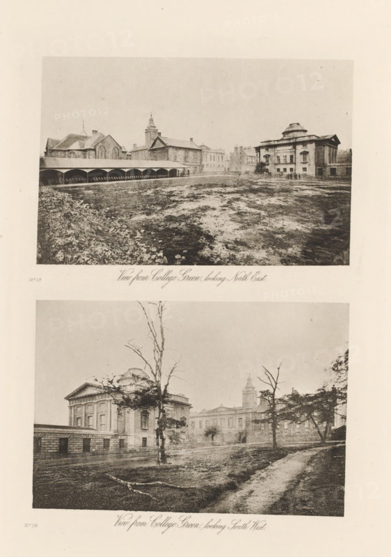 View from College Green, looking South West, looking North East, Two views of the college buildings of the University of Glasgow, page, photomechanical print, inscription: 'No.15, No.14', cliché maker: T. & R. Annan & Sons, Glasgow, c. 1886 - in or before 1891, photographer, paper, photoaquatint, height 392 mm x width 295 mm, Print on fifteenth unnumbered page after page iv., courtyard, university (building, education, tuition), A vertical sheet shows two sepia-toned photographic views of an open grassy area bordered by classical stone buildings; the upper image features a wide open foreground with uneven ground and a low covered arcade along the left edge, behind which sit pitched-roof and towered stone structures and a domed building to the right with steps and a small group of figures near its entrance; the lower image shows a tree-lined path running alongside a lawn toward large neoclassical buildings with columned facades and a domed roof partially obscured by a bare tree in the f...