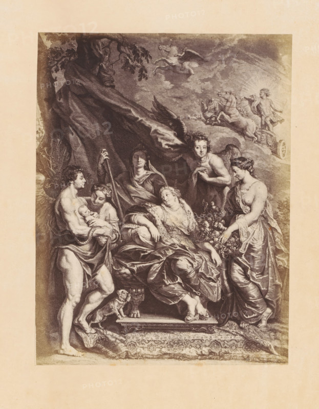 Photo reproduction of an engraving of The Childbirth of Maria de' Medici by Jean-Marc Nattier, after the painting by Peter Paul Rubens, photograph, reproduction, page, photographer: Dechamps et Cie., after print by Jean-Marc Nattier, after painting by Peter Paul Rubens, c. 1859 - in or before c. 1864, Dechamps et Cie., Jean-Marc Nattier, Peter Paul Rubens, photographer, after print by, after painting by, paper, albumen print, height 208 mm x width 158 mm, Person, Maria de' Medici, woman giving birth (lying-in), queen, Fontainebleau, A detailed sepia-toned engraving shows a group of classical figures gathered around a central seated woman draped in flowing robes, one arm resting and her head tilted as another woman in luxurious garments leans toward her offering a cluster of fruit, a partially nude male figure stands nearby holding an infant while another youthful figure embraces the child, an angelic figure with wings looks forward above them and a standing veiled woman holds a staff b...