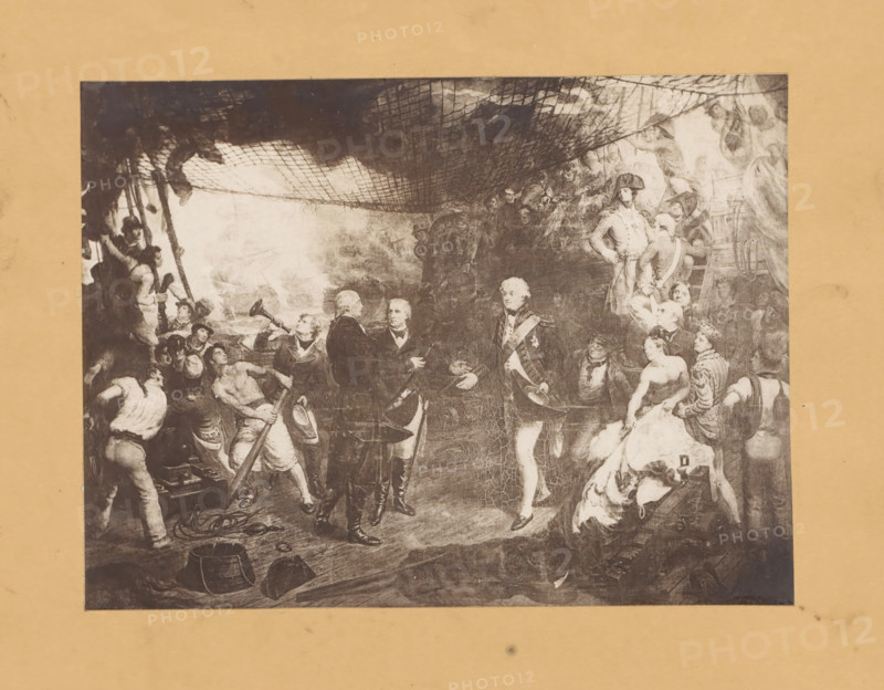 Reproduction of a painting of De Winter's surrender after the lost naval battle at Camperdown, reproduction, page, photomechanical print, after painting by anonymous, c. 1876 - in or before 1881, after painting by, paper, collotype, photoprint, height 164 mm x width 222 mm, Person, Adam Duncan (Viscount of Duncan), Jan Willem de Winter, historical persons, surrender, war (sailing-ships), Naval Battle at Camperdown, A faded monochrome print mounted on a tan background shows a crowded scene on a wooden deck beneath a hanging net, with groups of men and women in historical clothing. Sailors in loose shirts and breeches are clustered on the left, some holding ropes and a long wooden pole, while a man blows a horn. Central figures in darker formal coats stand conversing, one holding a hat and another gesturing with a hand. To the right a uniformed officer with a sash stands facing the group, surrounded by attendants and seated women in flowing gowns, one woman looking over her shoulder. The...