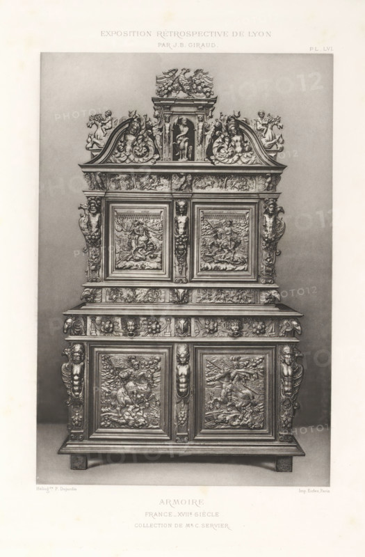 17th-century French wooden cabinet, at the Exposition Rétrospective of 1877 in Lyon, France, photomechanical print, This print is part of a cover with 79 prints on 54 sheets and 65 text sheets., number: 'PL. LVI.', inscription: 'EXPOSITION RÉTROSPECTIVE DE LYON, PAR JB GIRAUD.', inscription: 'ARMOIRE, FRANCE_XVIIe SIÈCLE, COLLECTION DE Mr C. SERVIER.', photographer: Jacques Garcin, Lyon, cliché maker: Dujardin, printer (person): Imprimerie Eudes, Paris, 1877 - 1878, printer (person), paper, photoaquatint, height 463 mm x width 313 mm, ornamental cupboard (wood and other phytogenic material), A tall ornate carved wooden cabinet fills the frame, with a multi-tiered structure topped by a sculptural crest featuring paired birds and a central alcove with a seated human figure; scrolling acanthus, winged figures, and reclining cherubic forms decorate the upper pediment. The front shows framed rectangular panels with high-relief scenes of figures and horses set within molded borders, flanked ...
