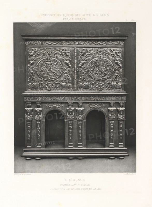 17th-century French wooden dresser, at the Exposition Rétrospective of 1877 in Lyon, France, photomechanical print, This print is part of a cover with 79 prints on 54 sheets and 65 text sheets., inscription: 'CRÉDENCE, FRANCE_XVIIe SIÈCLE, COLLECTION DE Mr CHABRIÈRES-ARLES.', number: 'PL. LVII.', inscription: 'EXPOSITION RÉTROSPECTIVE DE LYON, PAR JB GIRAUD.', photographer: Jacques Garcin, Lyon, cliché maker: Dujardin, printer (person): Imprimerie Eudes, Paris, 1877 - 1878, printer (person), paper, photoaquatint, height 463 mm x width 313 mm, ornamental cupboard (wood and other phytogenic material), A large ornate wooden cabinet photographed straight on, with an upper panel richly carved with symmetrical circular medallions surrounded by scrolling foliage, cherubic figures, and animal motifs, and a lower section featuring three arched recesses flanked by vertical pilasters decorated with floral garlands and small sculpted figures, a frieze with carved ornamental motifs above the arches...