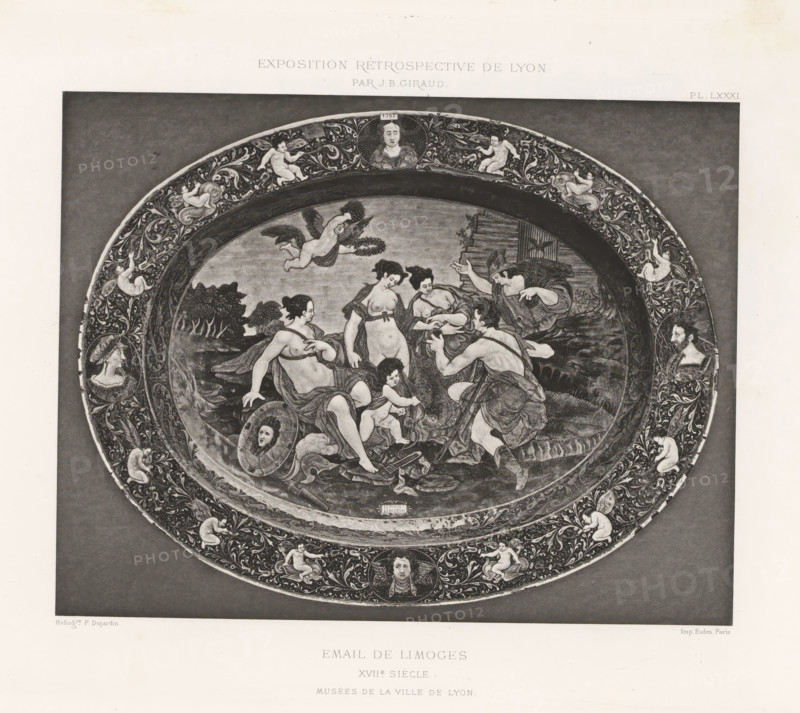 17th-century enamel sign, at the Exposition Rétrospective of 1877 in Lyon, France, photomechanical print, This print is part of a cover with 79 prints on 54 sheets and 65 text sheets., inscription: 'EMAIL DE LIMOGES, XVIIe SIÈCLE, MUSÉES DE LA VILLE DE LYON.', inscription: 'EXPOSITION RÉTROSPECTIVE DE LYON, PAR JB GIRAUD.', number: 'PL. LXXXI.', photographer: Jacques Garcin, Lyon, cliché maker: Dujardin, printer (person): Imprimerie Eudes, Paris, 1877 - 1878, printer (person), paper, photoaquatint, height 313 mm x width 463 mm, dish, plate, saucer, A photographic reproduction of a circular decorative plate shown against a dark rectangular backdrop, the plate featuring a central scene with classical figures and putti arranged around a landscape, a ring of ornate scrolling foliage and reclining cherubic figures encircling the scene, individual portrait medallions integrated into the rim, and a narrow outer border; the image is framed by a wide light margin.