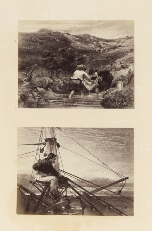 Two photo reproductions of engravings of scenes from Auld Lang Syne, after paintings by Sir George Harvey, photograph, reproduction, page, photographer: Thomas Annan, after print by Lumb Stocks, after painting by George Harvey (Sir), c. 1865 - in or before c. 1870, Lumb Stocks, after print by, paper, albumen print, height 431 mm x width 347 mm, fishing net (children (labourers)), sailing-ship, sailing-boat (one person, traffic and transport), A vertically oriented sheet shows two engraved scenes separated by blank space; the top scene depicts a shallow stream flowing through a rocky, grassy landscape with low rolling hills in the background and a cloudy sky, two children standing in the water facing each other while holding a piece of cloth between them, one child wearing a short skirt and the other wearing darker clothing and a cap, a metal pail resting on the grassy bank nearby; the lower scene shows a man seated high on a ship's rigging next to a mast, gripping ropes and looking out...