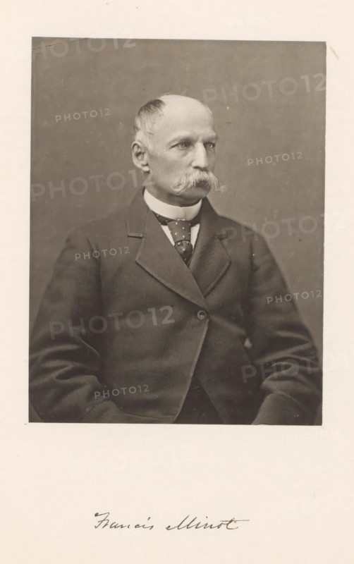Portrait of Francis Minot, Francis Minot, page, photomechanical print, c. 1870 - in or before 1875, paper, collotype, photoprint, height 148 mm x width 114 mm, Person, historical persons, physician, doctor, professor, A sepia-toned portrait of an older man seated, shown from the torso upward, wearing a dark suit jacket with a buttoned front and a collared shirt with a patterned tie; he has a bald head with hair at the sides, a prominent bushy mustache, and a neutral expression while looking slightly to his right, against a plain dark background with a light margin around the photograph.