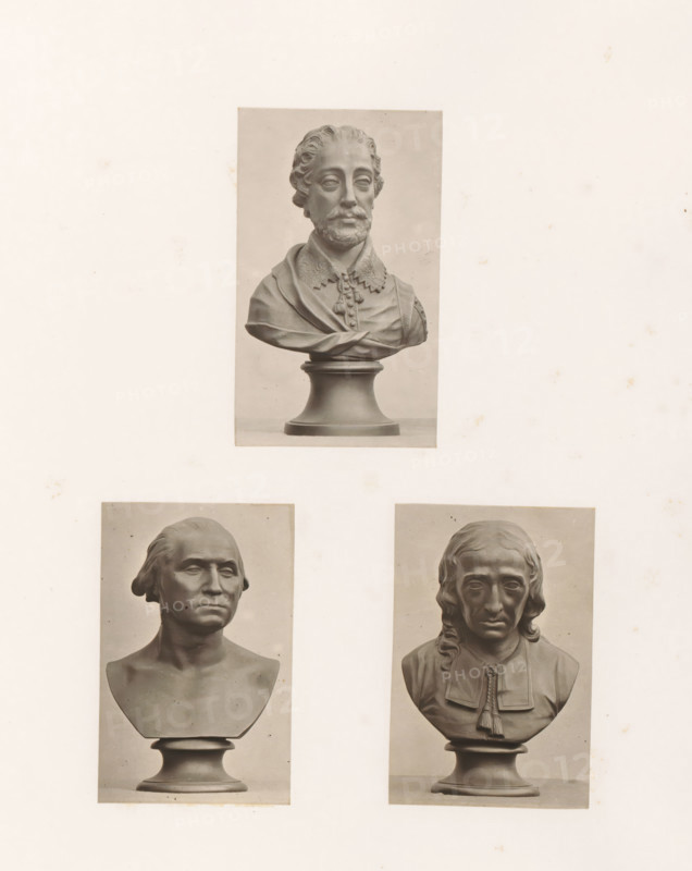 Busts of George Washington, John Milton and Edmund Spenser, photograph, page, photographer: Joseph Cundall, c. 1868 - in or before 1873, paper, carbon print, height 361 mm x width 270 mm, Person, George Washington, John Milton, Edmund Spenser, chest, bust, writer, poet, author, president, head of republic, A vertical arrangement of three grayscale photographs of classical bust sculptures mounted on a light background, with a bust of a bearded man wearing a draped garment and ornate collar centered at the top on a rounded pedestal, and two busts below side by side each on pedestals: the left lower bust showing a clean-shaven man with short hair and a square-topped chest plinth, and the right lower bust showing a longer-haired man with a garment featuring a tasseled collar.