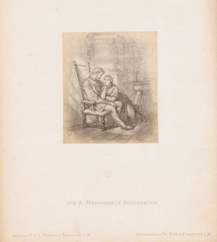 Photo reproduction of a sketch of a couple in love by Albert Hendschel, From A. Hendschel's Sketchbook, photograph, reproduction, This photo is part of a cover with 50 photos on 48 sheets, a list of images and a title page., monogram: 'AH', number: '12', photographer: Theodor Huth, after design by Albert Hendschel, publisher: Ferdinand August Christian Prestel, Frankfurt am Main, c. 1865 - in or before c. 1870, Theodor Huth, Albert Hendschel, Ferdinand August Christian Prestel, photographer, after design by, publisher, Hesse, paper, albumen print, height 118 mm x width 101 mm, couple of lovers, A rectangular pencil sketch centered on a wide blank page shows a seated man in a high-backed carved chair and a woman leaning against him on the floor; the man wears loose clothing and rests one arm on the chair while the woman rests her head on her hand and looks upward; behind them are faintly rendered interior elements including a tall piece of furniture, a small table, and a candlestick; th...