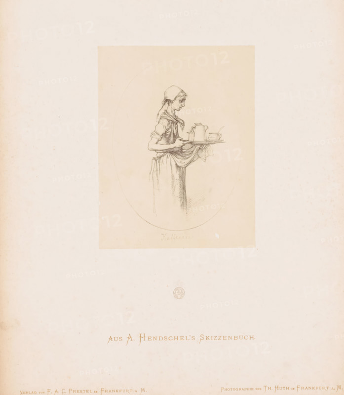 Photo reproduction of a sketch of a maid with a tray of coffee by Albert Hendschel, Aus A. Hendschel's Skizzenbuch, photograph, reproduction, This photo is part of a cover with 50 photos on 48 sheets, a list of images and a title page., number: '13', monogram: 'AH', photographer: Theodor Huth, after design by Albert Hendschel, publisher: Ferdinand August Christian Prestel, Frankfurt am Main, c. 1865 - in or before c. 1870, Theodor Huth, Albert Hendschel, Ferdinand August Christian Prestel, photographer, after design by, publisher, Hessen, paper, albumen print, albumendruk, height 133 mm x width 102 mm, kitchen-maid, kitchen servant, coffee-pot, A pencil sketch of a young woman in profile facing right, wearing a headscarf and a dress with rolled sleeves, holding a tray with a teapot and a cup and saucer, the figure drawn within an oval on a rectangular sheet of aged paper mounted on a larger sheet with a circular seal below.