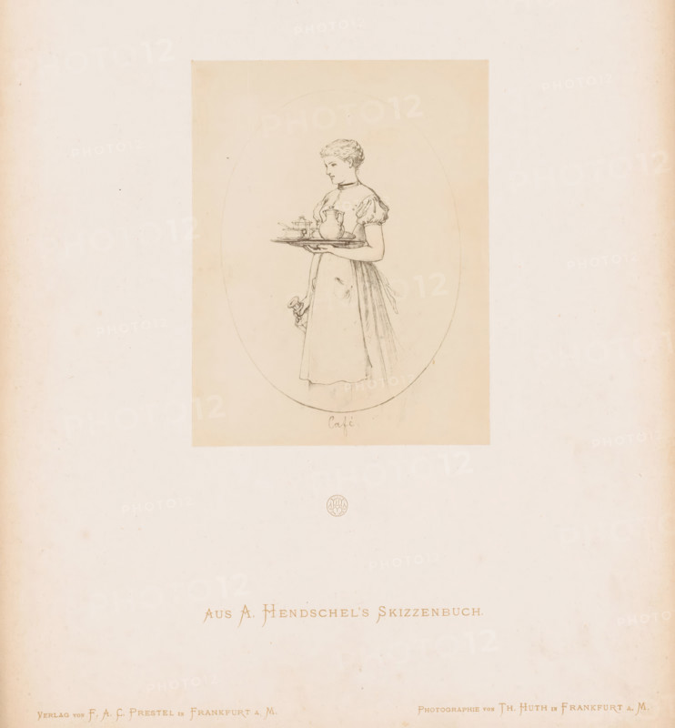 Photo reproduction of a sketch of a maid with a tray of coffee by Albert Hendschel, Aus A. Hendschel's Skizzenbuch, photograph, reproduction, This photo is part of a cover with 50 photos on 48 sheets, a list of images and a title page., monogram: 'AH', number: '14', photographer: Theodor Huth, after design by Albert Hendschel, publisher: Ferdinand August Christian Prestel, Frankfurt am Main, c. 1865 - in or before c. 1870, Theodor Huth, Albert Hendschel, Ferdinand August Christian Prestel, photographer, after design by, publisher, Hessen, paper, albumen print, albumendruk, height 133 mm x width 102 mm, kitchen-maid, kitchen servant, coffee-pot, A sepia-toned sketch of a young woman in profile holding a tray with a teapot and cups is centered within an oval on a lighter background; she wears a short-sleeved dress with an apron and her hair is styled short and curly, one hand supporting the tray at waist height while the other hand hangs down holding a folded cloth, and faint circular an...