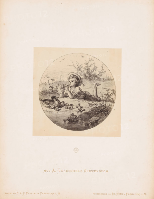 Photo reproduction of a reclining child playing a flute by Albert Hendschel, From A. Hendschel's Skizzenbuch, photograph, reproduction, This photo is part of a cover with 50 photos on 48 sheets, a list of illustrations and a title page., number: '22', monogram: 'AH', photographer: Theodor Huth, after design by Albert Hendschel, publisher: Ferdinand August Christian Prestel, Frankfurt am Main, c. 1865 - in or before c. 1870, Theodor Huth, Albert Hendschel, Ferdinand August Christian Prestel, photographer, after design by, publisher, Hessen, paper, albumen print, height 131 mm x width 131 mm, child, lying figure, one person playing wind instrument - CC - out of doors, A circular pencil illustration centered on a rectangular sheet shows a child lying on their stomach in grass wearing a hat and simple clothing, holding a small flute or pipe to their mouth; nearby a duck and several ducklings are on the ground and in shallow water beside stones and aquatic plants; the background features bu...