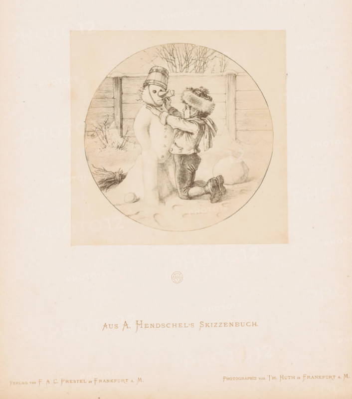 Photo reproduction of a sketch of a boy making a snowman, by Albert Hendschel, Aus A. Hendschel's Skizzenbuch, photograph, reproduction, This photo is part of a cover with 50 photos on 48 sheets, a list of images and a title page., monogram: 'AH', number: '26', photographer: Theodor Huth, after design by Albert Hendschel, publisher: Ferdinand August Christian Prestel, Frankfurt am Main, c. 1865 - in or before c. 1870, Theodor Huth, Albert Hendschel, Ferdinand August Christian Prestel, photographer, after design by, publisher, Hessen, paper, albumen print, albumendruk, height 134 mm x width 135 mm, toddler (male), (making a) snowman, A circular pencil drawing centered on a pale rectangular sheet shows a child kneeling in snow facing a snowman; the child wears a fur hat with a ribbon, a jacket with a scarf tied at the back, and boots, and reaches up to adjust the snowman's face while the snowman has a bucket on its head and a carrot nose; behind them is a wooden fence with bare tree bran...