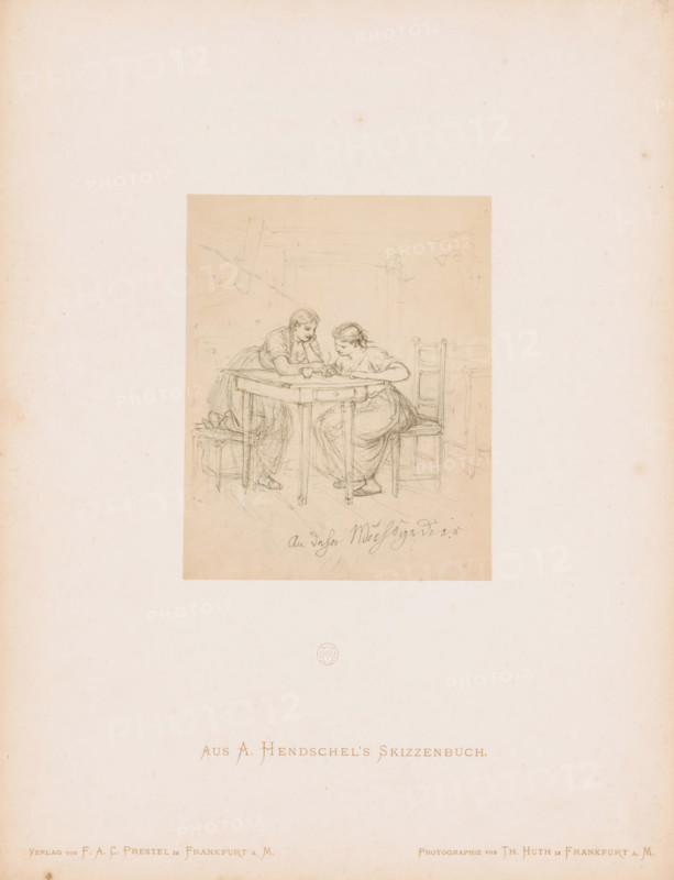 Photo reproduction of a sketch of two women at a table writing a letter, by Albert Hendschel, Aus A. Hendschel's Skizzenbuch, photograph, reproduction, This photo is part of a cover with 50 photos on 48 sheets, a list of images and a title page., number: '30', monogram: 'AH', photographer: Theodor Huth, after design by Albert Hendschel, publisher: Ferdinand August Christian Prestel, Frankfurt am Main, c. 1865 - in or before c. 1870, Theodor Huth, Albert Hendschel, Ferdinand August Christian Prestel, photographer, after design by, publisher, Hessen, paper, albumen print, height 130 mm x width 104 mm, handwriting, writing as activity, adolescent, young woman, maiden (two persons), A sepia-toned pencil sketch mounted on a pale sheet shows two seated women leaning over a rectangular wooden table, one woman resting her elbow on the table and the other leaning forward with hands near a small object on the tabletop, both wearing long dresses and hair pulled back; the table has simple legs and...