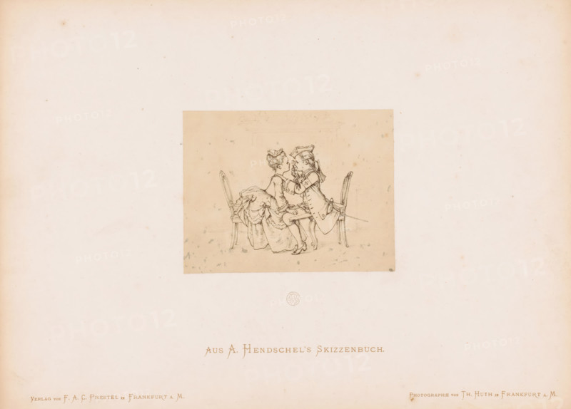 Photo reproduction of a sketch of two children reenacting a visit to the eye doctor, by Albert Hendschel, Aus A. Hendschel's Skizzenbuch, photograph, reproduction, This photo is part of a cover with 50 photos on 48 sheets, a list of illustrations and a title page., number: '35', monogram: 'AH', photographer: Theodor Huth, after design by Albert Hendschel, publisher: Ferdinand August Christian Prestel, Frankfurt am Main, c. 1865 - in or before c. 1870, Theodor Huth, Albert Hendschel, Ferdinand August Christian Prestel, photographer, after design by, publisher, Hessen, paper, albumen print, albumendruk, height 88 mm x width 113 mm, children's games and plays, child (two persons), A small sepia-toned sketch centered on a large cream background shows two seated figures facing each other on simple chairs; one appears in a dress with layered skirts and bows, the other in a long coat and a hat with a ribbon, leaning forward and holding something small up between them, with delicate linework i...