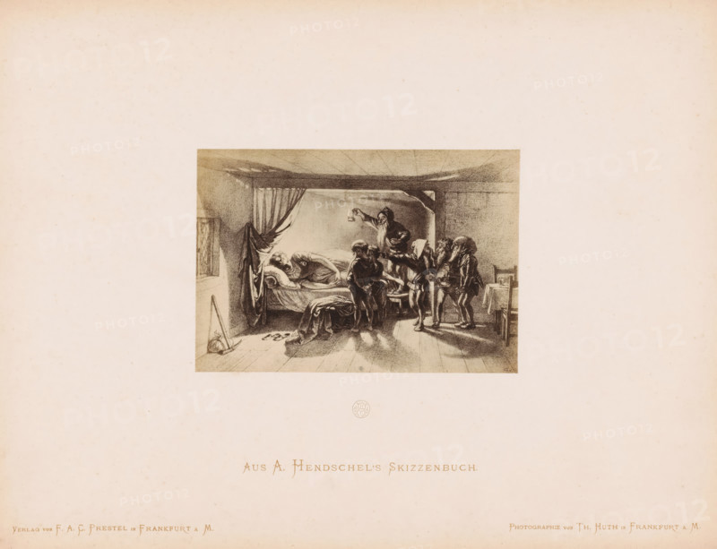 Photo reproduction of a sketch of Snow White and the Seven Dwarfs by Albert Hendschel, Aus A. Hendschel's Skizzenbuch, photograph, reproduction, This photo is part of a cover with 50 photos on 48 sheets, a list of images and a title page., number: '41', monogram: 'AH', photographer: Theodor Huth, after design by Albert Hendschel, publisher: Ferdinand August Christian Prestel, Frankfurt am Main, c. 1865 - in or before c. 1870, Theodor Huth, Albert Hendschel, Ferdinand August Christian Prestel, photographer, after design by, publisher, Hessen, paper, albumen print, albumendruk, height 92 mm x width 132 mm, sleeping in bed, tales and fairy tales: Sleeping Beauty, A rectangular sepia-toned illustration centered on a pale background shows an interior scene with a bed against the left wall draped with a curtain and a reclining person on the mattress. A group of figures stands near the foot of the bed, with one figure holding a small lamp raised above the others. The floor shows scattered clo...