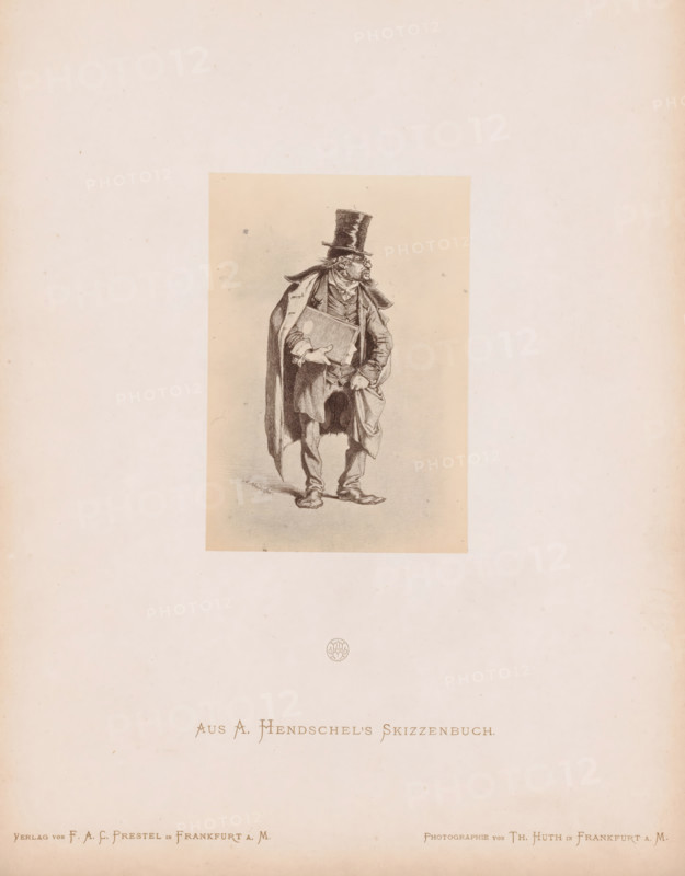 Photo reproduction of a sketch of a rabbi by Albert Hendschel, From A. Hendschel's Sketchbook, photograph, reproduction, This photo is part of a cover with 50 photos on 48 sheets, a list of images and a title page., monogram: 'AH', number: '45', photographer: Theodor Huth, after design by Albert Hendschel, publisher: Ferdinand August Christian Prestel, Frankfurt am Main, c. 1865 - in or before c. 1870, Theodor Huth, Albert Hendschel, Ferdinand August Christian Prestel, photographer, after design by, publisher, Hesse, paper, albumen print, height 122 mm x width 84 mm, rabbi, A sepia-toned illustration of an older man standing, wearing a tall top hat, spectacles, a long overcoat draped over his shoulders, and layered clothing beneath, holding a rectangular book or portfolio against his chest with one hand while the other hand rests near his waist; the figure is centered on a lighter rectangular panel set against a large pale background with small blemishes and a faint circular mark below...