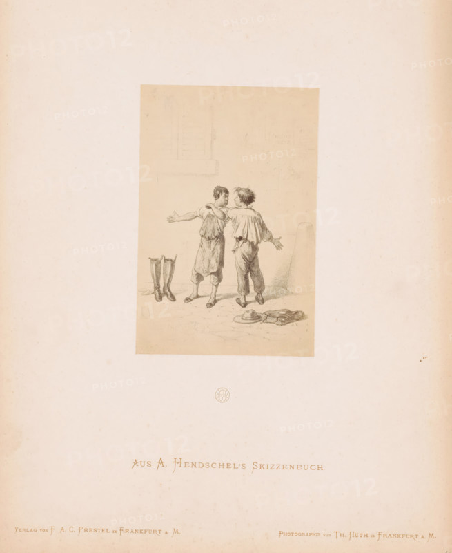 Photo reproduction of a sketch of two quarreling boys by Albert Hendschel, Aus A. Hendschel's Skizzenbuch, photograph, reproduction, This photo is part of a cover with 50 photos on 48 sheets, a list of images and a title page., monogram: 'AH', number: '48', photographer: Theodor Huth, after design by Albert Hendschel, publisher: Ferdinand August Christian Prestel, Frankfurt am Main, c. 1865 - in or before c. 1870, Theodor Huth, Albert Hendschel, Ferdinand August Christian Prestel, photographer, after design by, publisher, Hessen, paper, albumen print, height 135 mm x width 90 mm, fist-fight, boy (child between toddler and youth) (two persons), A narrow vertical rectangular drawing shows two young boys standing facing each other, both wearing loose shirts and trousers with bare feet, one boy extending an arm outward while the other mirrors the gesture; near them on the ground are a pair of tall boots standing upright and a hat and bundle lying beside each other, with a faint wall and a ...