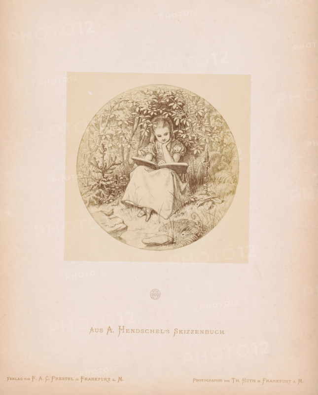 Photo reproduction of a sketch of a girl reading a book, by Albert Hendschel, Aus A. Hendschel's Skizzenbuch, photograph, reproduction, This photo is part of a cover with 50 photos on 48 sheets, a list of images and a title page., number: '49', monogram: 'AH', photographer: Theodor Huth, after design by Albert Hendschel, publisher: Ferdinand August Christian Prestel, Frankfurt am Main, c. 1865 - in or before c. 1870, Theodor Huth, Albert Hendschel, Ferdinand August Christian Prestel, photographer, after design by, publisher, Hessen, paper, albumen print, albumendruk, height 134 mm x width 131 mm, reading, girl (child between toddler and youth), A circular pencil illustration centered on a rectangular sheet shows a young girl seated on a grassy bank surrounded by dense foliage and plants; she wears a simple dress and has one hand resting under her chin while the other holds open a book on her lap, with her head tilted slightly downward; detailed leaves, stems, and ferns frame the scene ...