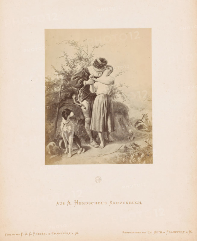 Photo reproduction of a sketch of a hunter and his beloved by Albert Hendschel, Aus A. Hendschel's Skizzenbuch, photograph, reproduction, This photo is part of a cover with 50 photos on 48 sheets, a list of images and a title page., monogram: 'AH', number: '5', photographer: Theodor Huth, after design by Albert Hendschel, publisher: Ferdinand August Christian Prestel, Frankfurt am Main, c. 1865 - in or before c. 1870, Theodor Huth, Albert Hendschel, Ferdinand August Christian Prestel, photographer, after design by, publisher, Hessen, paper, albumen print, albumendruk, height 154 mm x width 122 mm, couple of lovers, hunter, A sepia-toned illustration centered on a light background shows a young man and woman standing close together amid foliage, the man leaning in toward the woman's face while holding her arms, the woman looking upward with a turned head and wearing a simple dress and bare feet, the man in period clothing with a hat and boots and a horn at his side, a seated dog in the ...