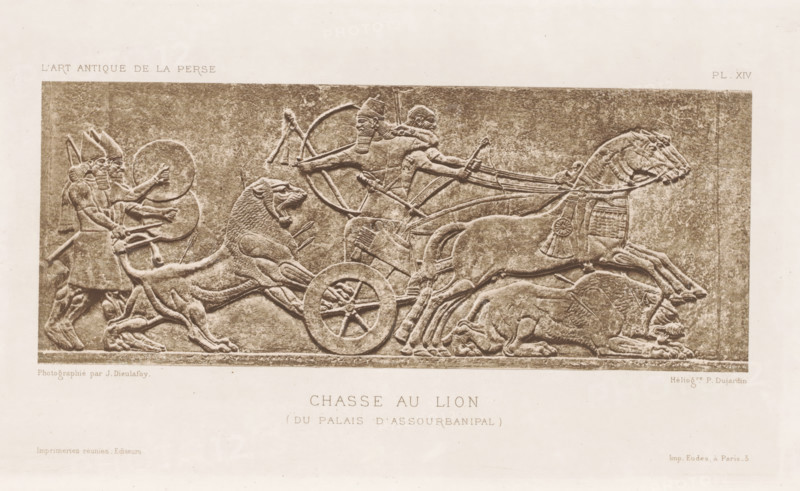 Relief of a lion hunt at the palace of Assurbanipal in Babylon, Chasse au Lion (du Palais d'Assourbanipal), L'Art Antique de la Perse, photomechanical print, This print is part of a cover with twenty prints on seventeen sheets and fifteen text sheets., number: 'PL. XIV', inscription: 'Imprimeries réunies_Editeurs. Imp. Eudes, à Paris_3.', photographer: Jane Dieulafoy, Babylon, clichémaker: Paul Dujardin, printer (person): Imprimerie Eudes, Paris, c. 1880 - in or before 1885, Jane Dieulafoy, Paul Dujardin, Imprimerie Eudes, photographer, cliché maker, printer (person), paper, photoaquatint, height 106 mm x width 266 mm, lion hunt, sculpture (relief, sculpture), A rectangular stone relief panel depicting a procession scene with a chariot drawn by two galloping horses at the right, a standing charioteer leaning forward holding reins and a bow, an attendant beside him also holding a bow, a large snarling lion beneath and slightly ahead of the chariot, a second large lion leaping toward the...