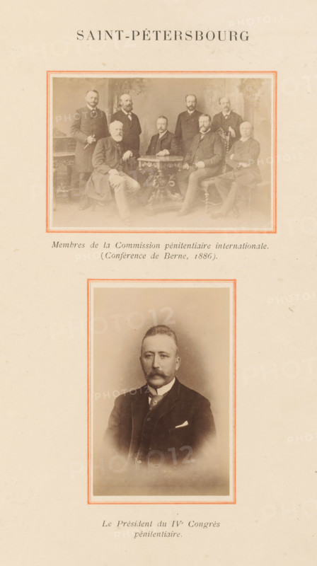 Group portrait of the members of the commission and a portrait of the president of the International Penitentiary Congress of 1890 in Saint Petersburg, Russia, Membres de la Commission pénitentiaire international. (Conférence de Berne, 1886), Le Président du IVe Congrès pénitentiaire, Saint-Pétersbourg, photograph, page, Saint-Petersburg, 1890-06 - 1890-07, photographer, Leningradskaya, paper, albumen print, albumendruk, height 343 mm x width 270 mm, historical persons, anonymous historical persons depicted in a group, in a group-portrait, Saint Petersburg, A cream-colored page showing two framed sepia photographs with thin decorative borders. The upper photograph depicts a group of men arranged around an ornate table in a studio setting, several sitting on upholstered chairs and others standing behind, all wearing dark formal suits and facial hair of varying styles; the background includes patterned drapery and studio props. The lower photograph is a portrait of a single man shown fro...