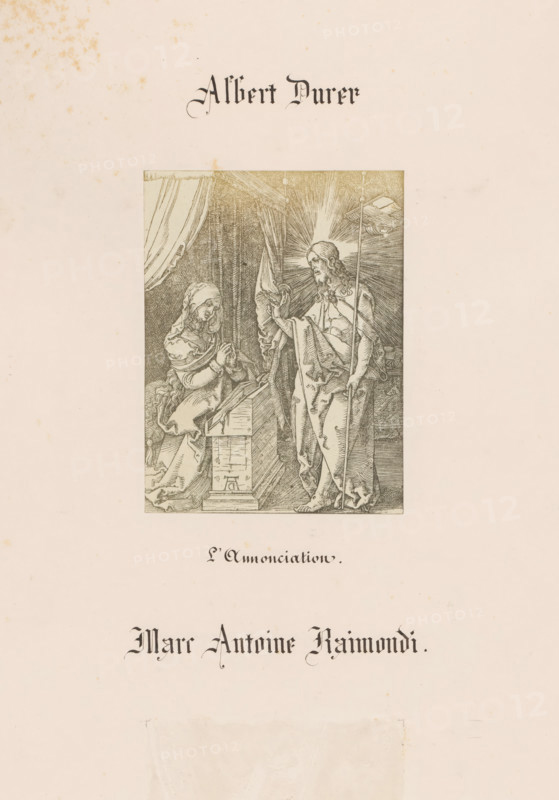 L'Annonciation, Photo reproduction of a wood engraving of the Annunciation by Albrecht Dürer, Marc Antoine Raimondi, photograph, reproduction, page, photographer: Benjamin Delessert, after print by Albrecht Dürer, c. 1848 - in or before 1853, Benjamin Delessert, Albrecht Dürer, photographer, after print by, paper, salted paper print, height 124 mm x width 94 mm, the Annunciation: Mary kneeling - AA - Mary to the left, the angel to the right, A rectangular engraved scene is centered on a pale page, showing a robed woman kneeling beside a small altar or desk with draped curtains behind her, and a standing male figure with long hair and flowing robes holding a tall staff and a cloth, a radiant halo of lines emanating from his head; the surrounding page shows decorative script above and below the image and scattered age spots on the paper.