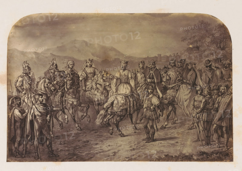 Photo reproduction of a print of an army of Germans, photograph, reproduction, page, after print by anonymous, c. 1856 - in or before 1861, photographer, after print by, paper, albumen print, height 139 mm x width 212 mm, army 'en route', extinct, 'historical' peoples: Teutons, A wide sepia-toned scene shows a large group of people and horses gathered on an open plain with distant hills and a tree line in the background; many figures wear historical clothing and armor, with several mounted on elaborately bridled horses and others standing with spears and cloaks; a few central figures on horseback wear crowns and veils, and a young person in decorative attire stands near the front; guards and soldiers in helmets form lines at the edges, and trees rise on the right side while the sky above is shaded and cloudy.