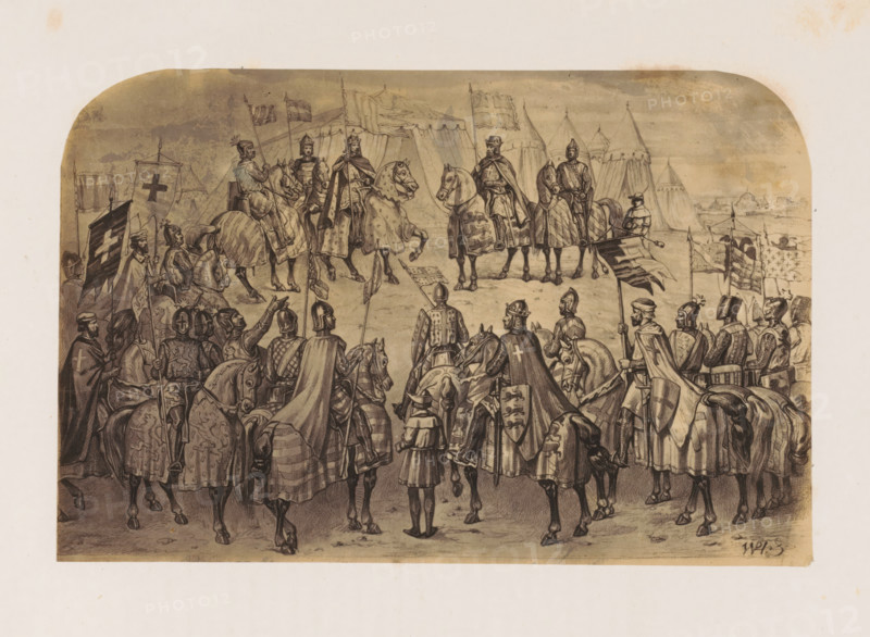 Photo reproduction of a print of the Third Crusade, photograph, reproduction, page, after print by anonymous, c. 1856 - in or before 1861, photographer, after print by, paper, albumen print, height 139 mm x width 212 mm, militant proselytizing: religious war, crusade, A detailed monochrome drawing shows a large group of armored figures on horseback gathered facing a small group of mounted leaders near a row of tents; many riders wear helmets and cloaks and some horses are draped in decorative coverings, while several figures hold tall banners and standards above the crowd. The central mounted figures wear more ornate garments and capes and sit on horses that stand slightly apart from the others, and the surrounding riders form a semicircle with varied armor styles and shields visible on their backs and horses. In the background a cluster of point-topped tents stretches across the scene and a few smaller human figures stand near the tents, with a faint suggestion of distant buildings on...