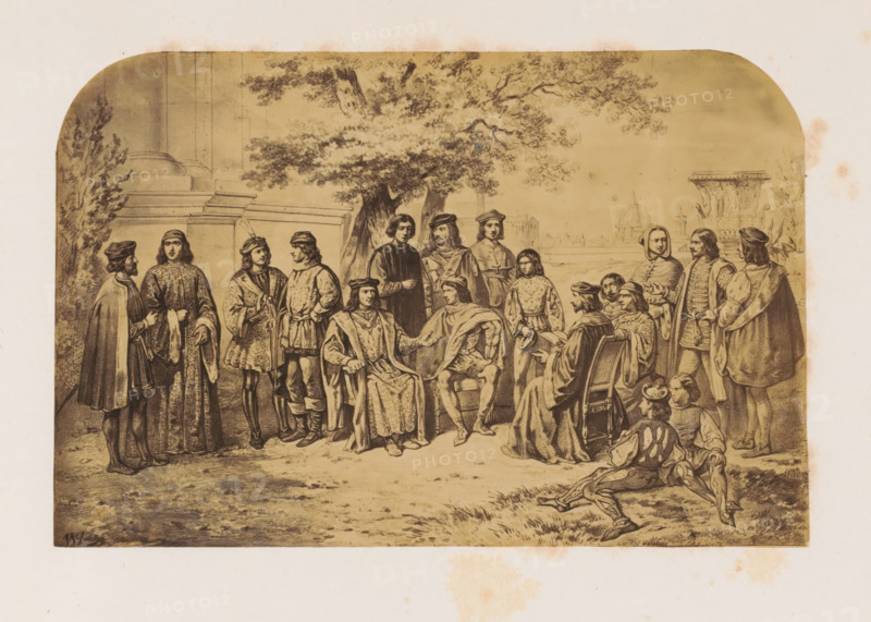 Photo reproduction of a print of the court of Lorenzo I de'Medici, photograph, reproduction, page, after print by anonymous, c. 1856 - in or before 1861, photographer, after print by, paper, albumen print, height 140 mm x width 212 mm, Person, Lorenzo de' Medici (I), family of a ruler, and court, A sepia-toned drawing shows a group of people gathered outdoors beneath a large tree and near architectural elements, including a low wall and a columned structure. Many figures wear historical clothing such as long robes, cloaks, doublets, and caps; some are seated on chairs while others stand or kneel. Two central seated figures face each other with one extending a hand toward the other. Nearby, a man in a robe reads from an open book while others look on. In the background a domed building and sculpted fountain are visible on the horizon. The ground in the foreground is textured with grass and dirt and a few scattered figures sit or recline at the edge of the scene. The image has rounded up...
