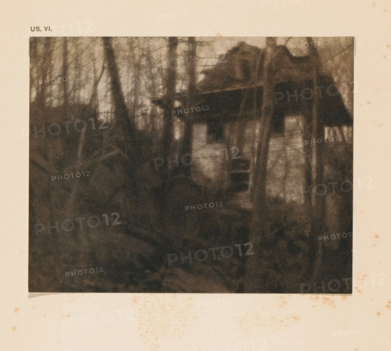 House in a forest, page, photomechanical print, inscription: 'The haunted house by Alvin L Coburn', inscription: 'US. VI.', photographer: Alvin Langdon Coburn, cliché maker: anonymous, c. 1900 - in or before 1905, paper, two-color autotype, height 110 mm x width 140 mm, forest, wood, rural housing, eg country-house, villa, cottage, A faded, grainy rectangular photograph shows a dark wooded scene with tall, slender tree trunks and blurry undergrowth, and a partially visible elevated wooden structure with vertical supports and a ladder-like opening; the photograph sits on a light, aged paper background with scattered small brown foxing spots.