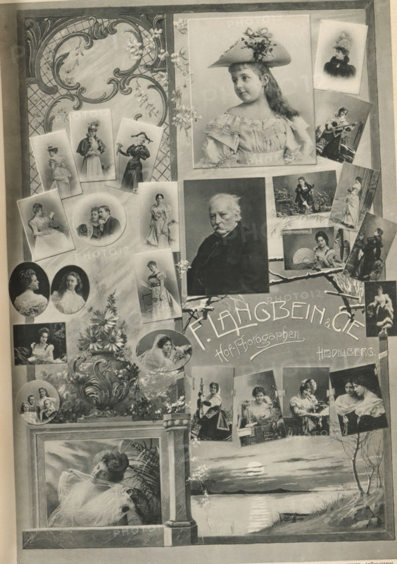 Collage of portraits of unknown men, women and children, page, photomechanical print, photographer: Langbein & Cie, F., Heidelberg, cliché maker: Johann Baptist Obernetter, Munich, publisher: Wilhelm Knapp, Halle an der Saale, c. 1895 - in or before 1900, Bavaria, Baden-Württemberg, Saxony-Anhalt, paper, collotype, photoprint, height 257 mm x width 177 mm, Print on third unnumbered page after page 44., historical persons, historical persons - BB - woman, child, A collage of sepia-toned photographs and illustrations arranged on a decorative background, featuring portrait photos of women and men in period clothing, a large central portrait of a young girl wearing a hat with floral adornment, a rectangular portrait of an older man with a mustache, several oval and rectangular vignette portraits, images of women posing with fans and musical instruments, a decorative floral vase illustration, ornamental scrollwork and lattice motifs, and a painted landscape at the bottom showing a body of w...