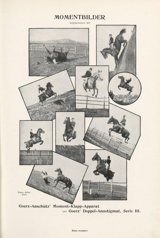 Collage of eight images of jumping horses with riders, page, photomechanical print, inscription: 'MOMENTBILDER, aufgenommen mit, Goerz-Anschütz' Moment=Klapp=Apparat, und Goerz' Doppel=Anastigmat, Serie III., Bitte wenden!', monogram: 'Bx', photographer: Pietro Sbisa, clichémaker: unknown, c. 1895 - in or before 1900, paper, autotype, height 201 mm x width 135 mm, Prints opposite page 72. These prints are part of an advertisement for Goerz, a manufacturer of cameras and lenses., jumping (horse in motion), A tall page showing a collage of black and white photographs arranged in various tilted rectangular and circular frames, each image depicting riders on horses in different jumping and riding poses, with some horses airborne over fences, some riders seated upright and others appearing mid-action, and one image showing a fallen horse and rider on the ground; the photographs are set against a light background with wide margins.
